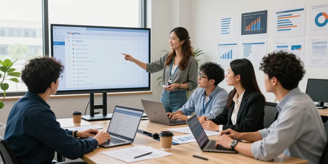 Servicios SEO locales optimizando estrategias en oficina moderna con equipo colaborativo.