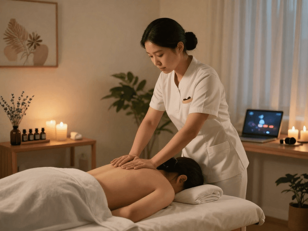 Enjoying an 일산출장안마 session with a professional therapist in a cozy, relaxing home environment focusing on personalized wellness.