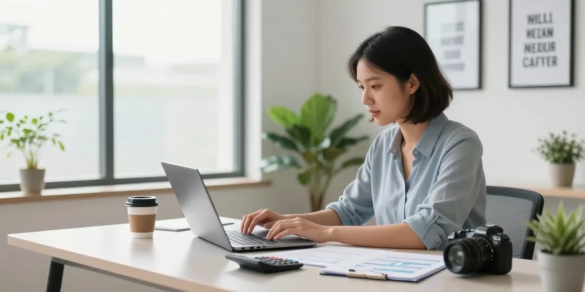 Calculating cálculo hipoteca in a modern home office setting with laptop and financial documents.